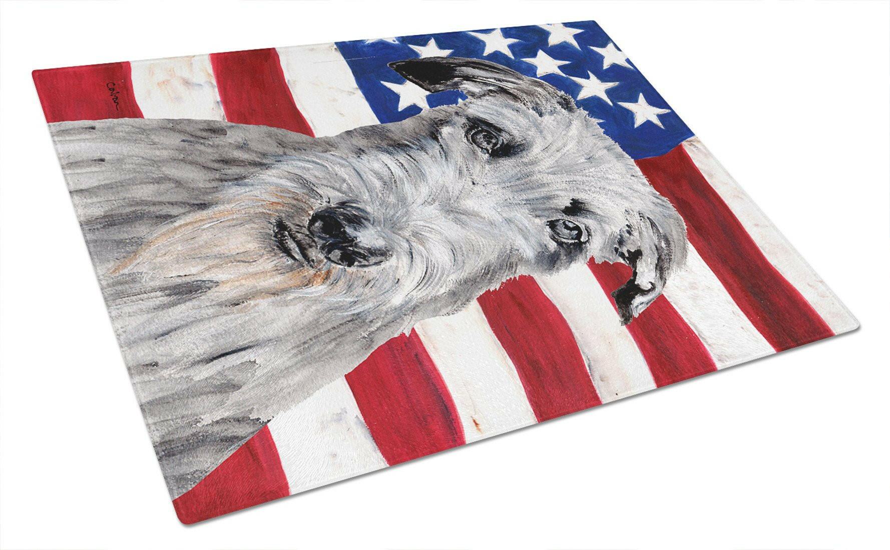 Scottish Deerhound with American Flag USA Cutting Board Tempered Glass Kitchen Cutting Surface, Heat Resistant Chopping, Non-Slip Feet, Food Prep & Serving