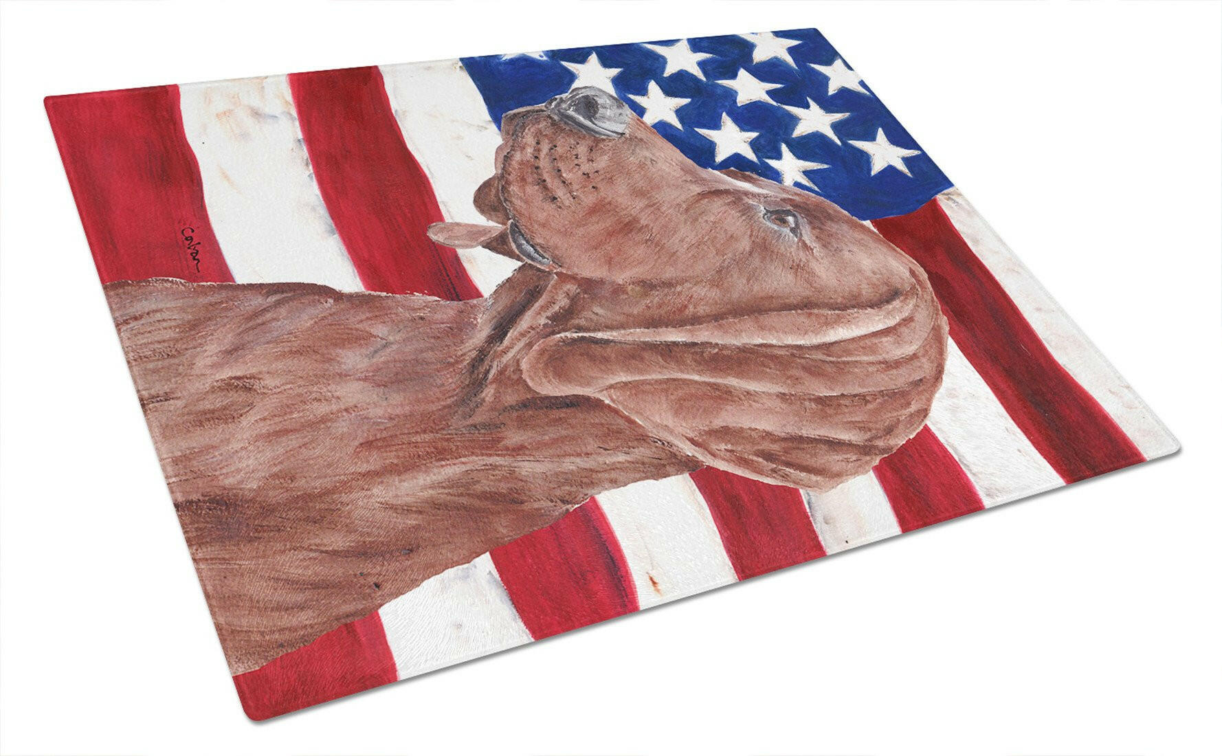 Redbone Coonhound with American Flag USA Cutting Board Tempered Glass Kitchen Cutting Surface, Heat Resistant Chopping, Non-Slip Feet, Food Prep & Serving
