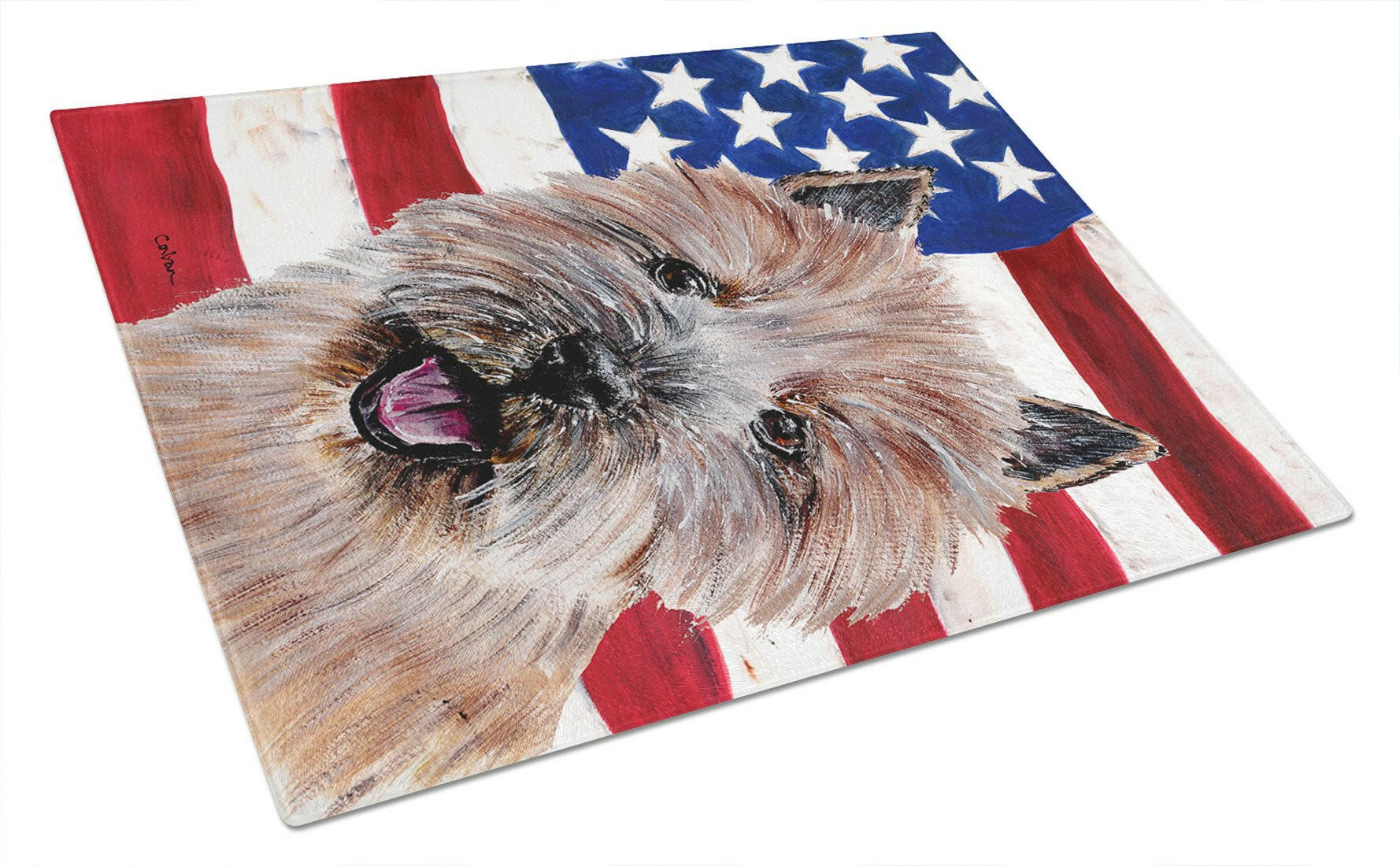 Norwich Terrier with American Flag USA Cutting Board Tempered Glass Kitchen Cutting Surface, Heat Resistant Chopping, Non-Slip Feet, Food Prep & Serving