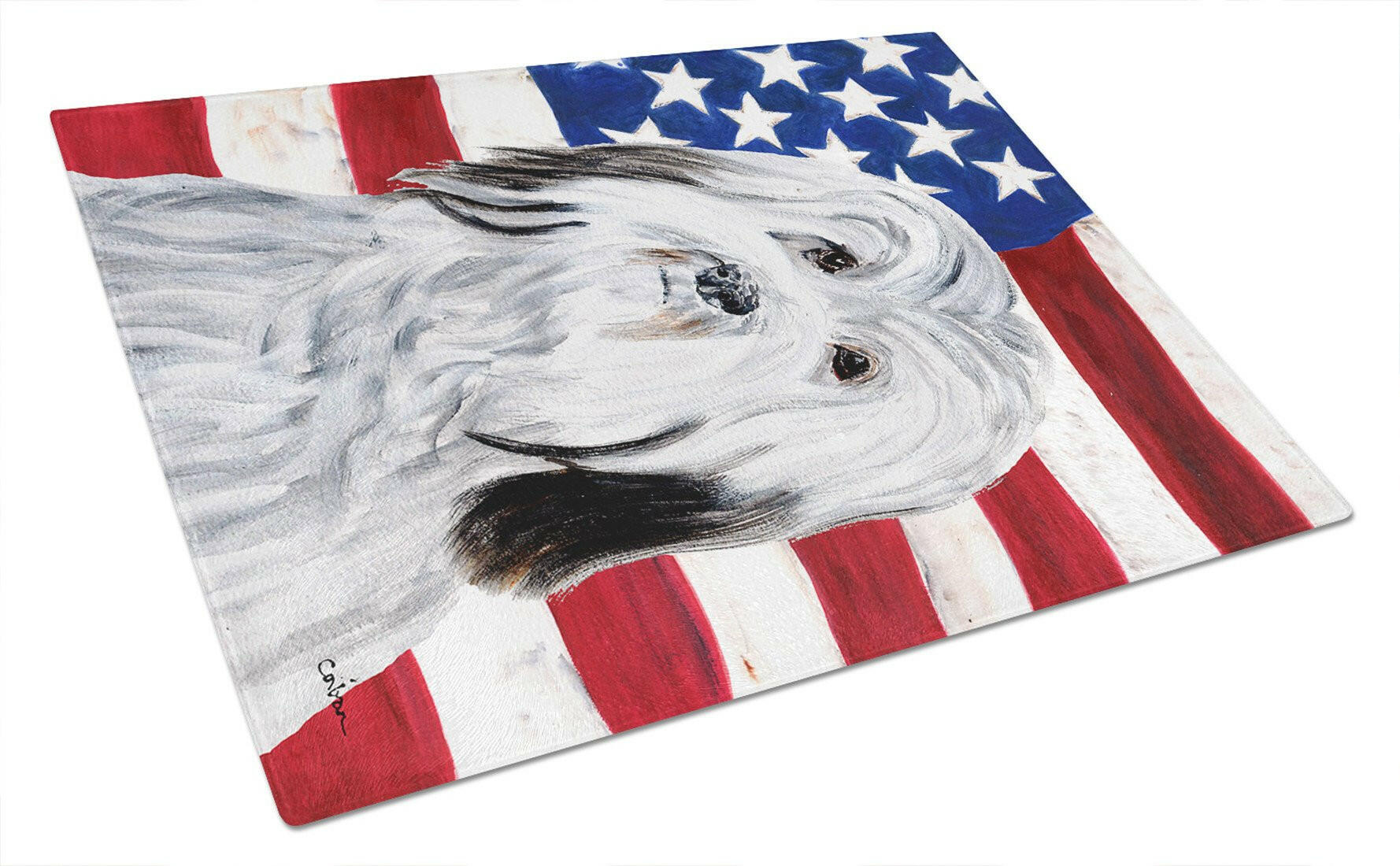 Havanese with American Flag USA Cutting Board Tempered Glass Kitchen Cutting Surface, Heat Resistant Chopping, Non-Slip Feet, Food Prep & Serving