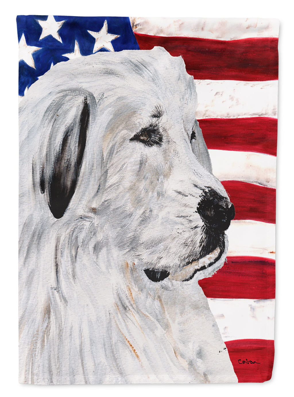Great Pyrenees with American Flag USA House Flag 28x40 Porch Sleeve Pole Decorative Outside Yard Banner Artwork Wall Hanging, Polyester