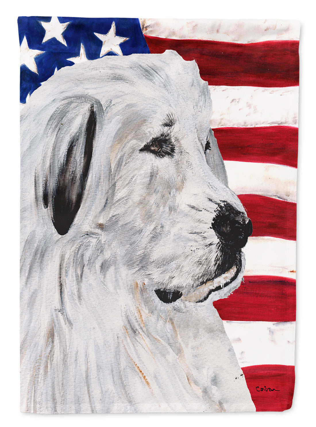 Great Pyrenees with American Flag USA House Flag 28x40 Porch Sleeve Pole Decorative Outside Yard Banner Artwork Wall Hanging, Polyester