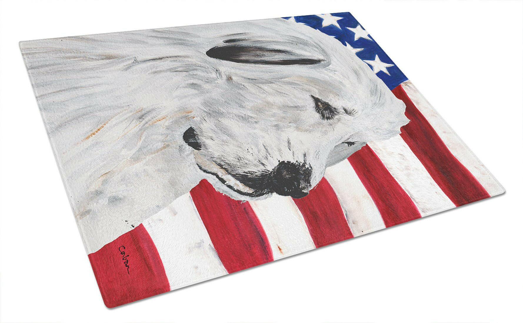 Great Pyrenees with American Flag USA Cutting Board Tempered Glass Kitchen Cutting Surface, Heat Resistant Chopping, Non-Slip Feet, Food Prep & Serving