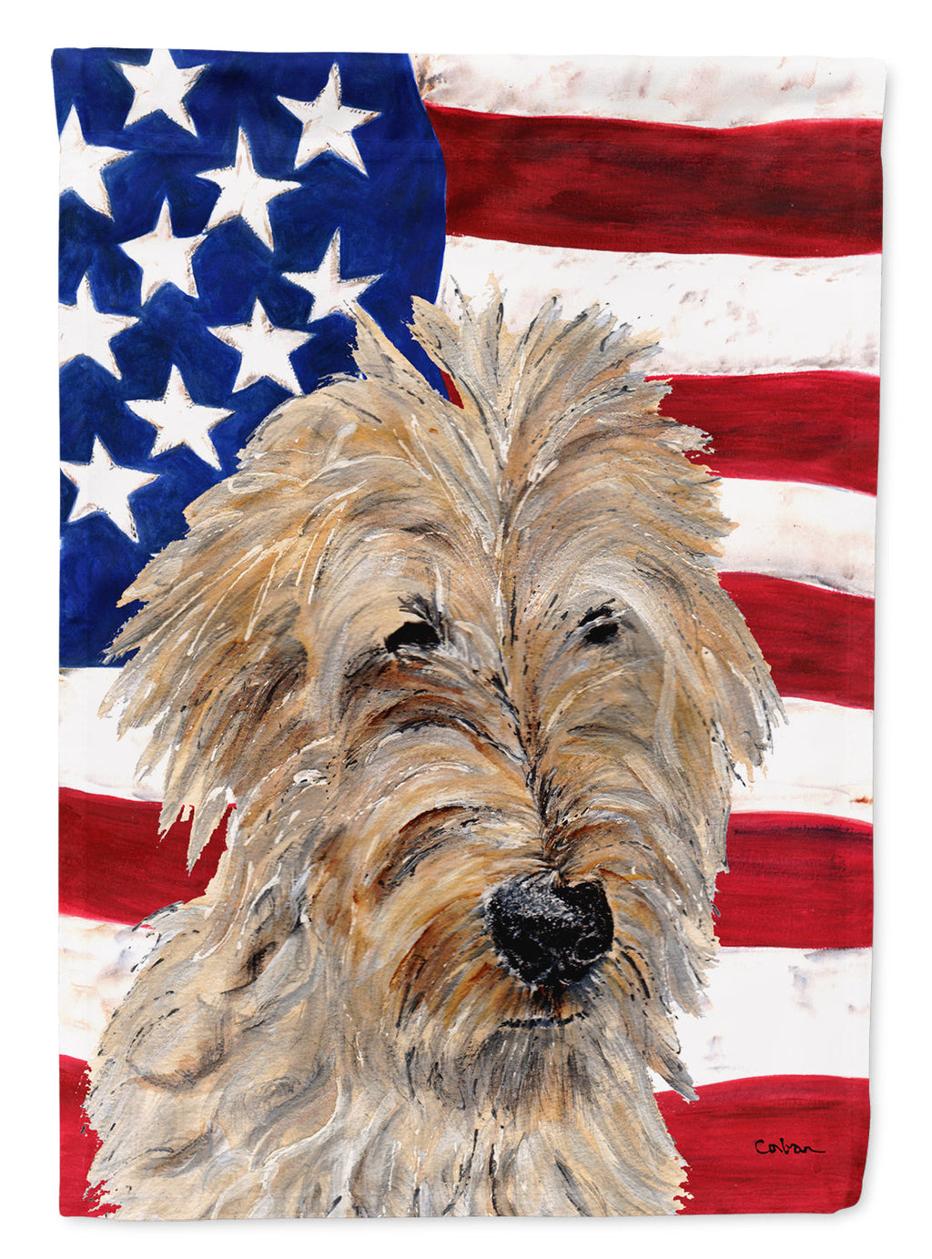 Golden Doodle 2 with American Flag USA House Flag 28x40 Porch Sleeve Pole Decorative Outside Yard Banner Artwork Wall Hanging, Polyester