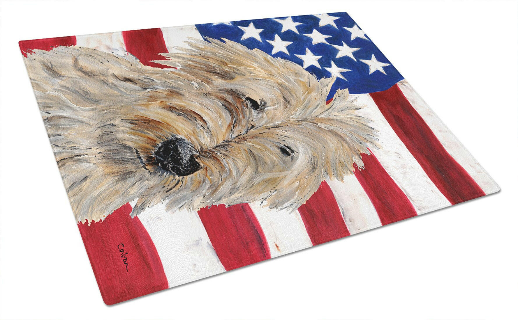 Golden Doodle 2 with American Flag USA Cutting Board Tempered Glass Kitchen Cutting Surface, Heat Resistant Chopping, Non-Slip Feet, Food Prep & Serving