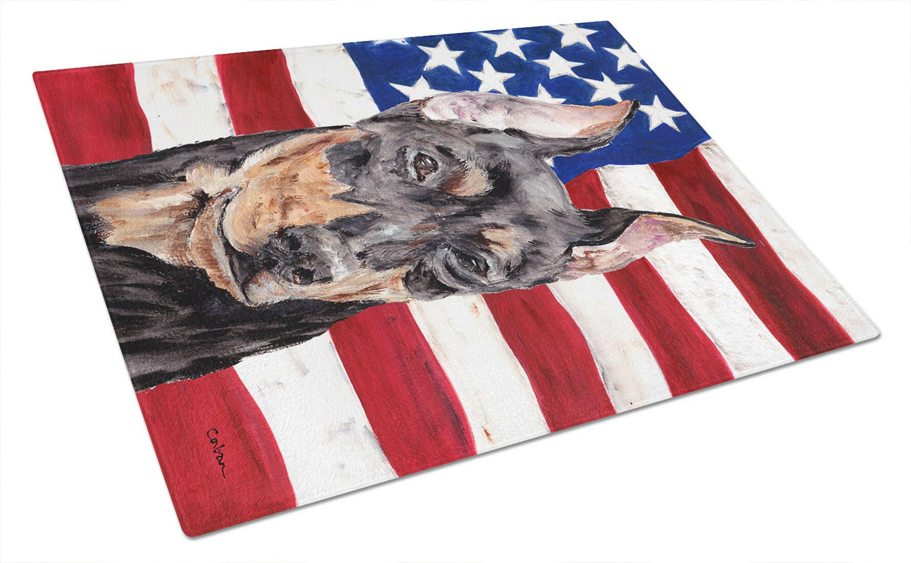 German Pinscher with American Flag USA Cutting Board Tempered Glass Kitchen Cutting Surface, Heat Resistant Chopping, Non-Slip Feet, Food Prep & Serving