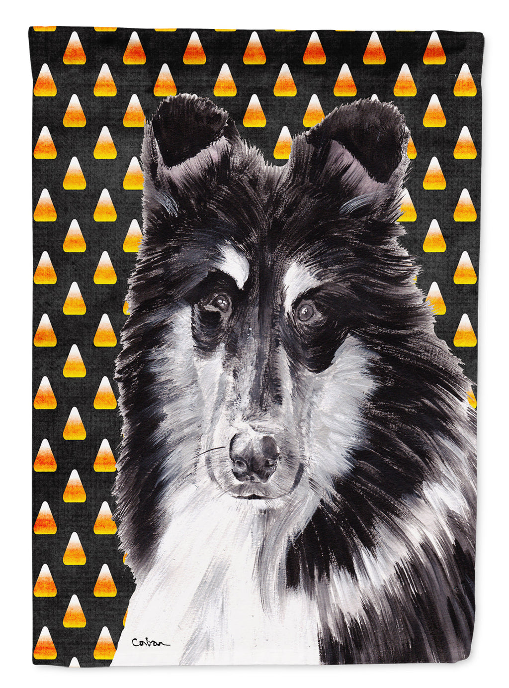 Black and White Collie Candy Corn Halloween House Flag 28x40 Porch Sleeve Pole Decorative Outside Yard Banner Artwork Wall Hanging, Polyester