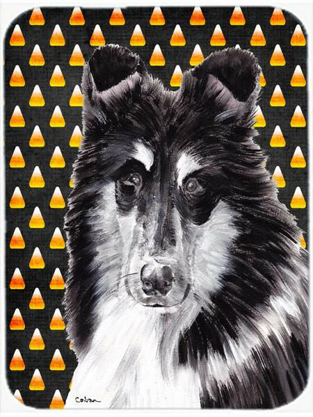 Black and White Collie Candy Corn Halloween Cutting Board Tempered Glass Kitchen Cutting Surface, Heat Resistant Chopping, Non-Slip Feet, Food Prep & Serving