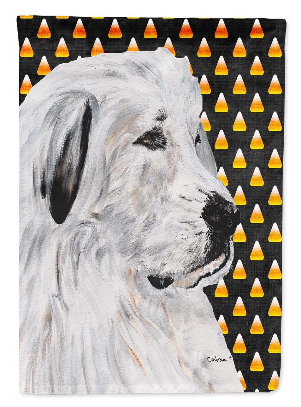Great Pyrenees Candy Corn Halloween House Flag 28x40 Porch Sleeve Pole Decorative Outside Yard Banner Artwork Wall Hanging, Polyester