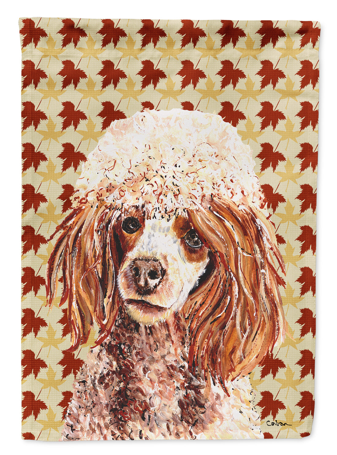 Red Miniature Poodle Fall Leaves House Flag 28x40 Porch Sleeve Pole Decorative Outside Yard Banner Artwork Wall Hanging, Polyester