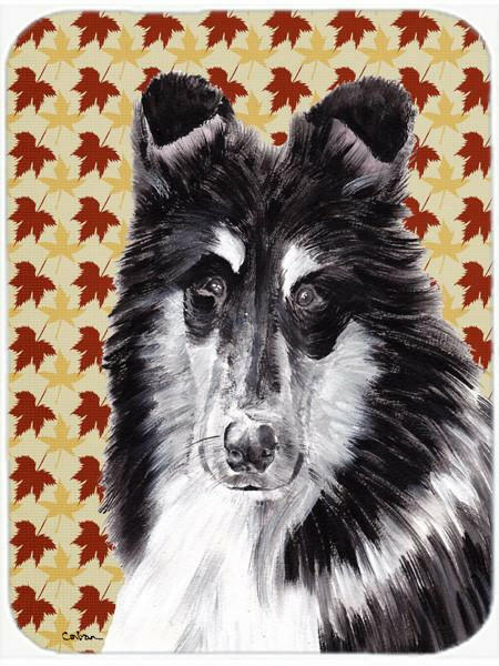 Black and White Collie Fall Leaves Cutting Board Tempered Glass Kitchen Cutting Surface, Heat Resistant Chopping, Non-Slip Feet, Food Prep & Serving