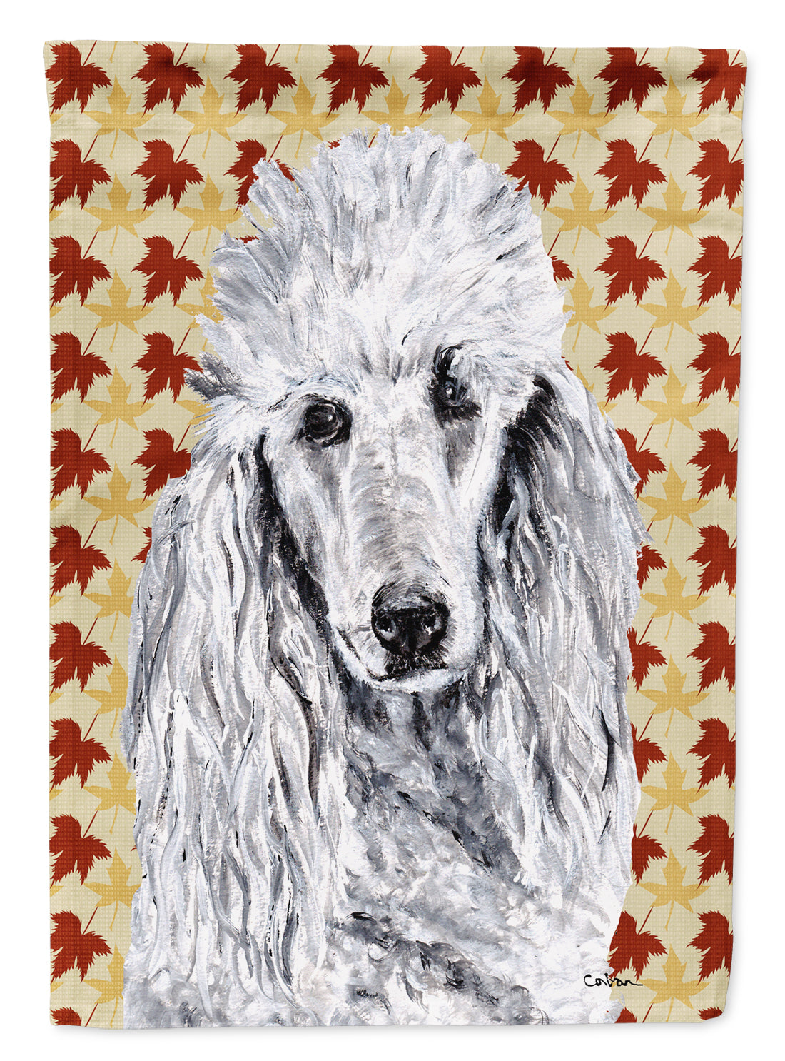 White Standard Poodle Fall Leaves House Flag 28x40 Porch Sleeve Pole Decorative Outside Yard Banner Artwork Wall Hanging, Polyester