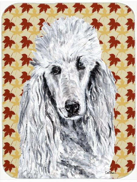White Standard Poodle Fall Leaves Cutting Board Tempered Glass Kitchen Cutting Surface, Heat Resistant Chopping, Non-Slip Feet, Food Prep & Serving