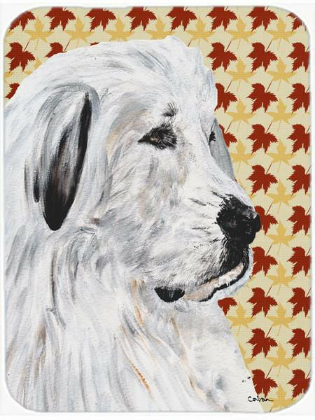 Great Pyrenees Fall Leaves Cutting Board Tempered Glass Kitchen Cutting Surface, Heat Resistant Chopping, Non-Slip Feet, Food Prep & Serving