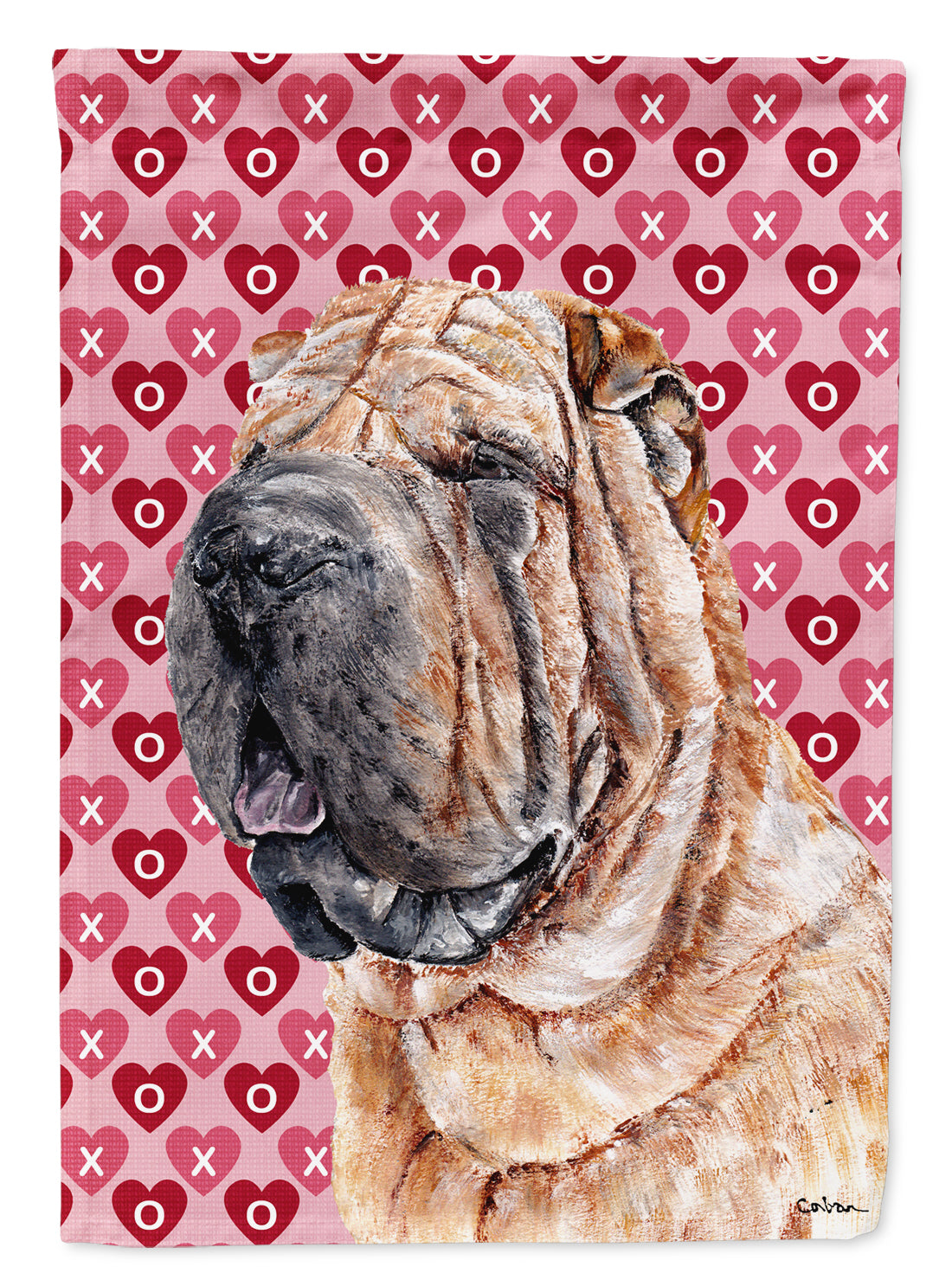 Shar Pei Hearts and Love House Flag 28x40 Porch Sleeve Pole Decorative Outside Yard Banner Artwork Wall Hanging, Polyester