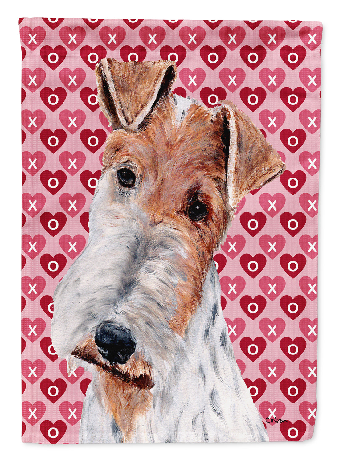 Wire Fox Terrier Hearts and Love House Flag 28x40 Porch Sleeve Pole Decorative Outside Yard Banner Artwork Wall Hanging, Polyester