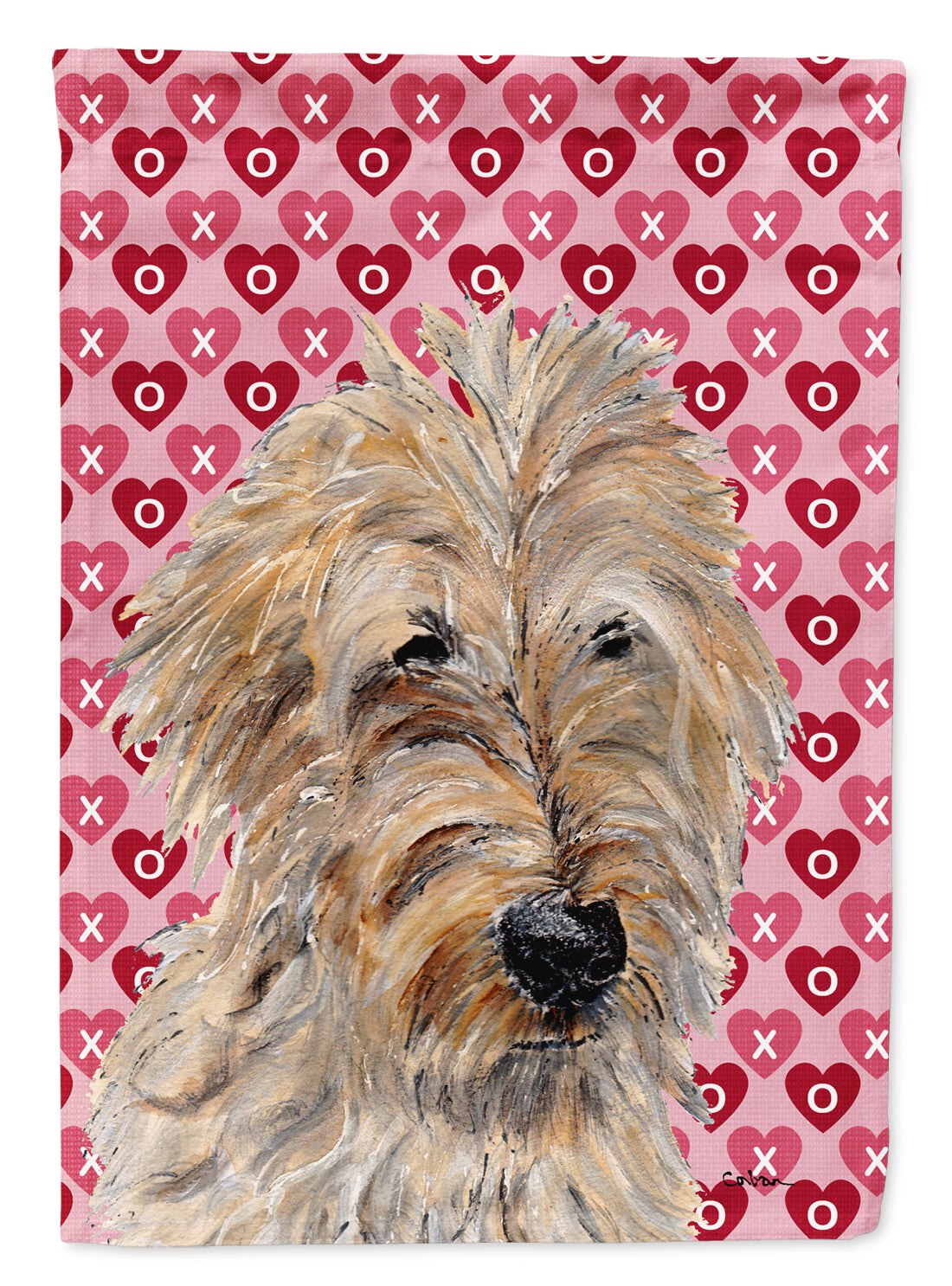 Golden Doodle 2 Hearts and Love House Flag 28x40 Porch Sleeve Pole Decorative Outside Yard Banner Artwork Wall Hanging, Polyester