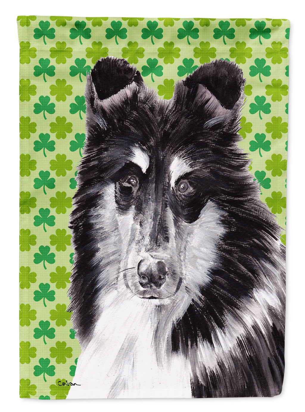 Black and White Collie Lucky Shamrock St. Patrick's Day House Flag 28x40 Porch Sleeve Pole Decorative Outside Yard Banner Artwork Wall Hanging, Polyester