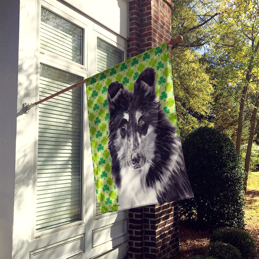 Black and White Collie Lucky Shamrock St. Patrick's Day House Flag 28x40 Porch Sleeve Pole Decorative Outside Yard Banner Artwork Wall Hanging, Polyester