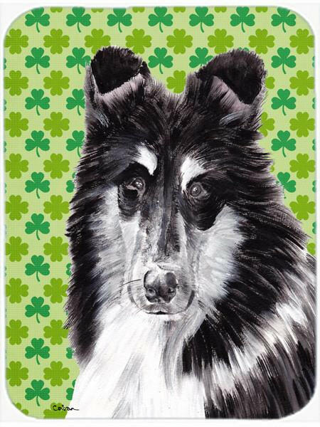 Black and White Collie Lucky Shamrock St. Patrick's Day Cutting Board Tempered Glass Kitchen Cutting Surface, Heat Resistant Chopping, Non-Slip Feet, Food Prep & Serving
