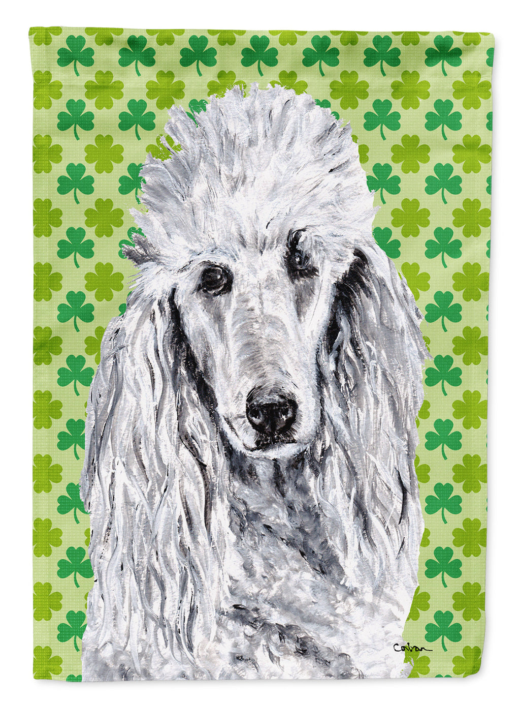 White Standard Poodle Lucky Shamrock St. Patrick's Day House Flag 28x40 Porch Sleeve Pole Decorative Outside Yard Banner Artwork Wall Hanging, Polyester