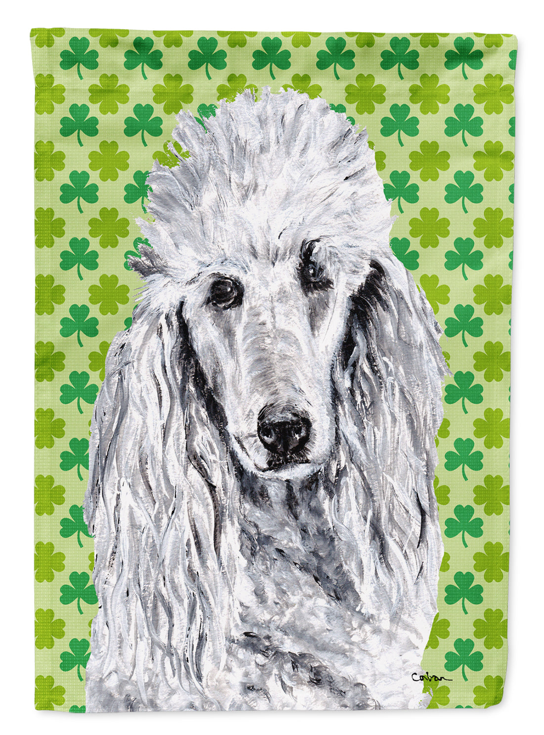 White Standard Poodle Lucky Shamrock St. Patrick's Day House Flag 28x40 Porch Sleeve Pole Decorative Outside Yard Banner Artwork Wall Hanging, Polyester