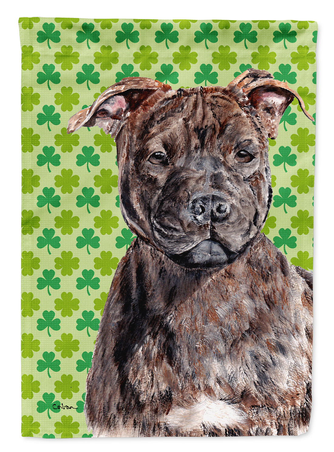 Staffordshire Bull Terrier Staffie Lucky Shamrock St. Patrick's Day House Flag 28x40 Porch Sleeve Pole Decorative Outside Yard Banner Artwork Wall Hanging, Polyester