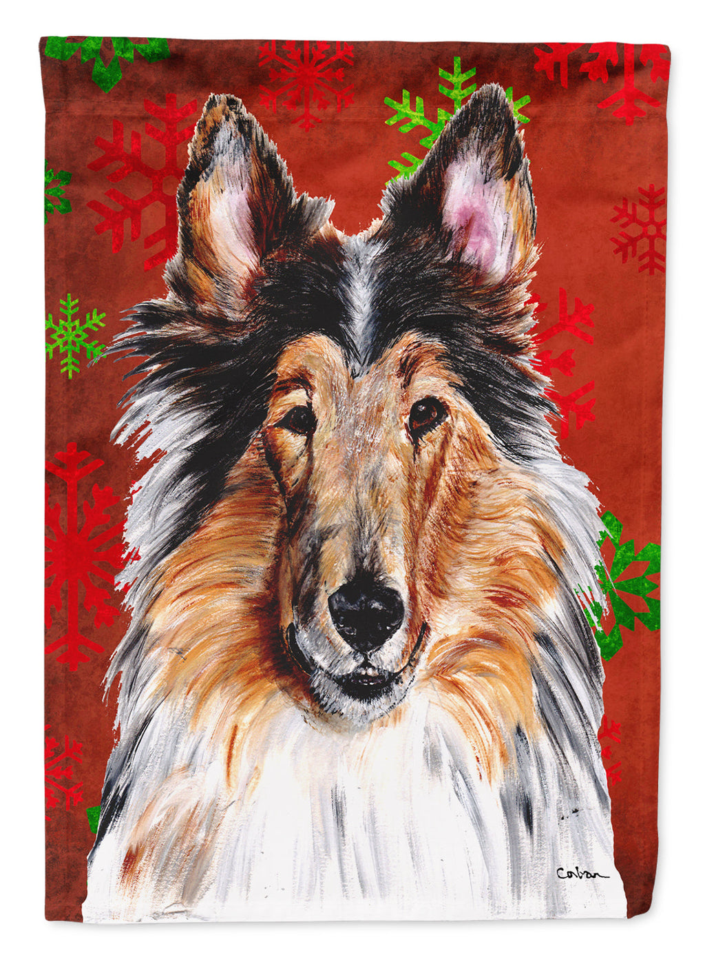Collie Red Snowflakes Holiday House Flag 28x40 Porch Sleeve Pole Decorative Outside Yard Banner Artwork Wall Hanging, Polyester