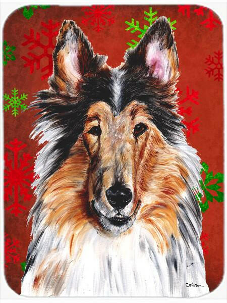Collie Red Snowflakes Holiday Cutting Board Tempered Glass Kitchen Cutting Surface, Heat Resistant Chopping, Non-Slip Feet, Food Prep & Serving