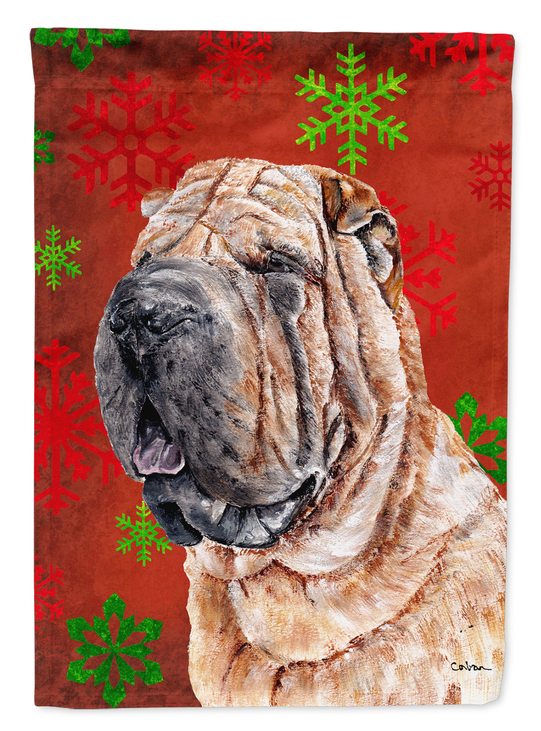 Shar Pei Red Snowflakes Holiday House Flag 28x40 Porch Sleeve Pole Decorative Outside Yard Banner Artwork Wall Hanging, Polyester