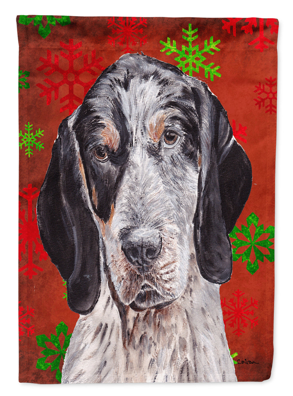 Blue Tick Coonhound Red Snowflakes Holiday House Flag 28x40 Porch Sleeve Pole Decorative Outside Yard Banner Artwork Wall Hanging, Polyester