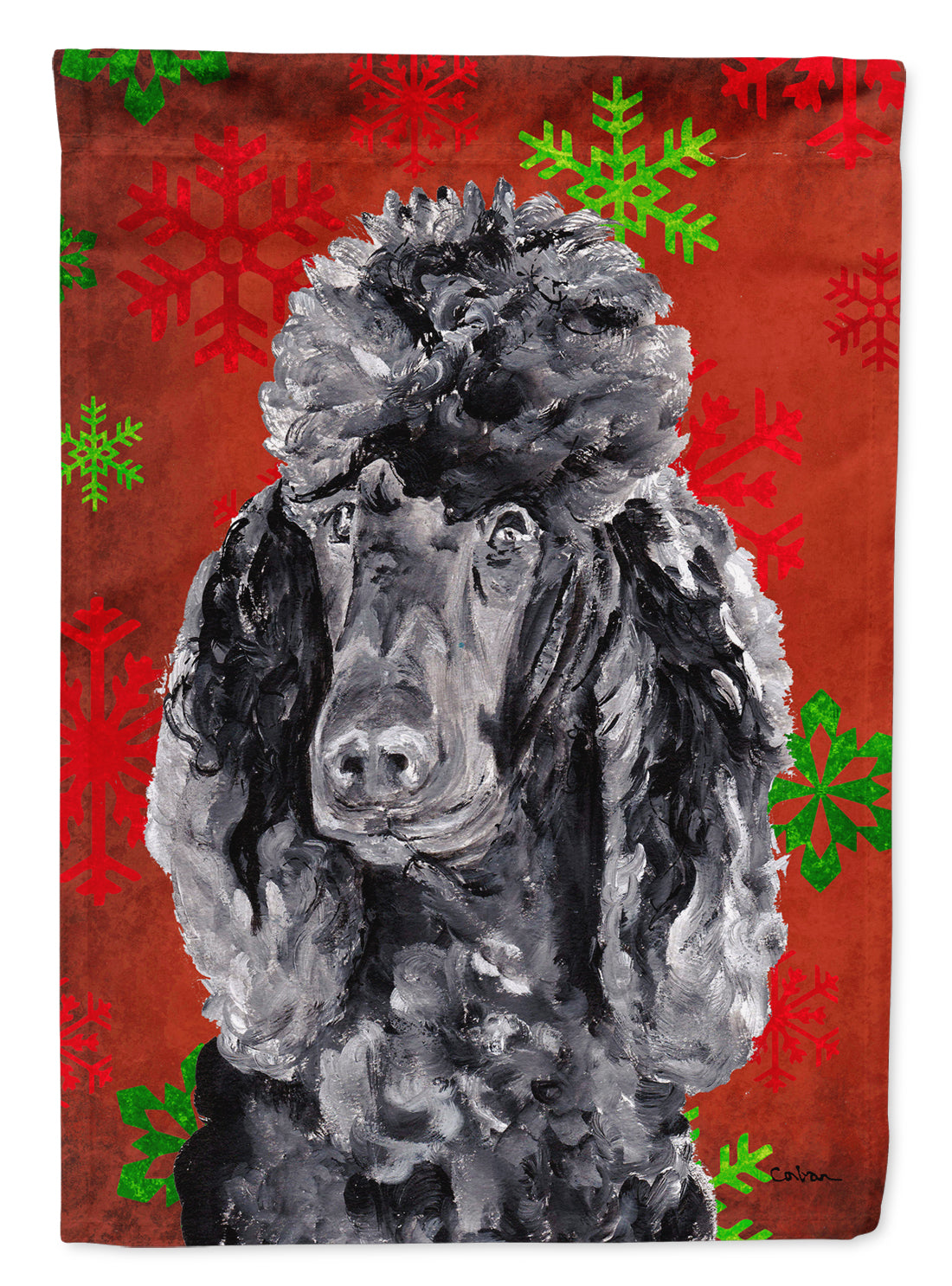Black Standard Poodle Red Snowflakes Holiday House Flag 28x40 Porch Sleeve Pole Decorative Outside Yard Banner Artwork Wall Hanging, Polyester