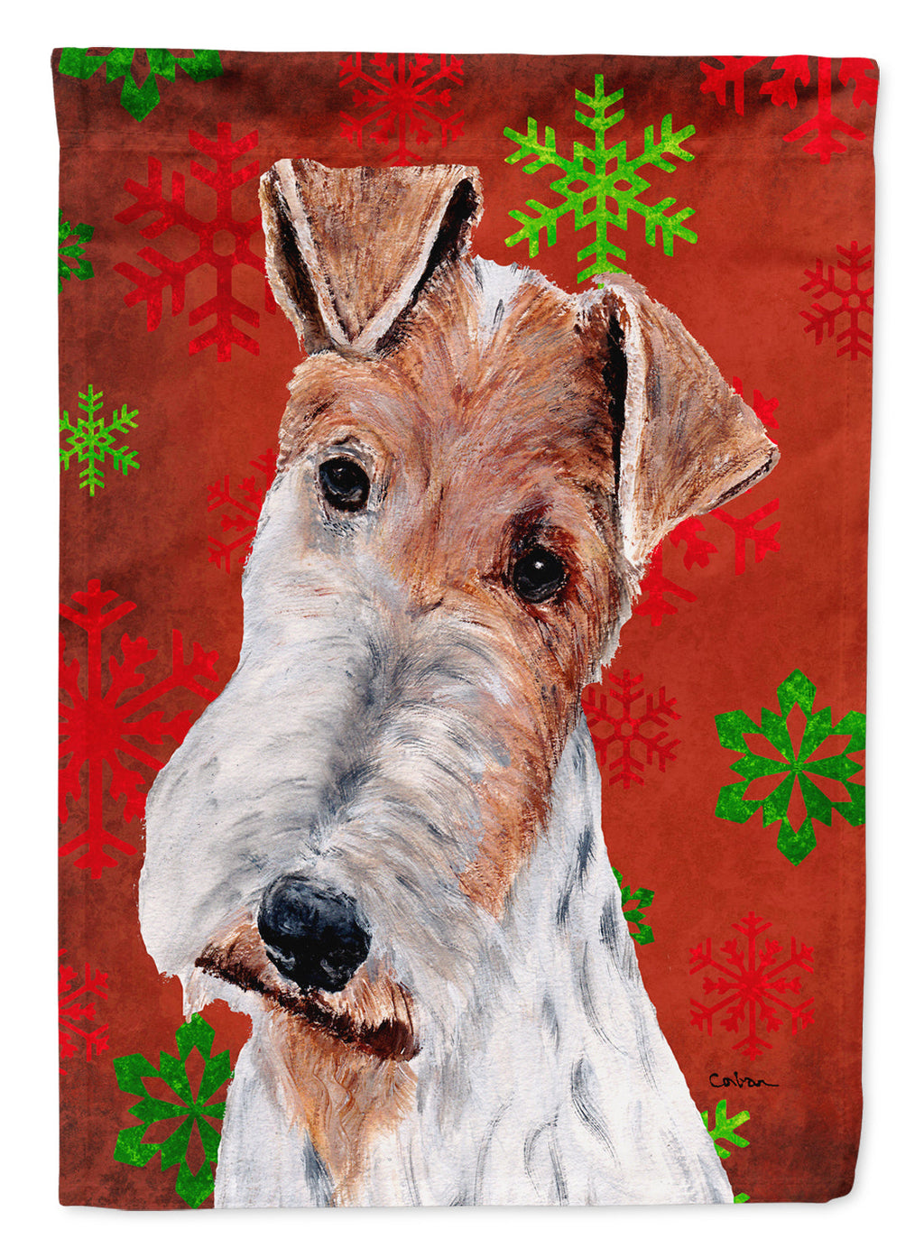 Wire Fox Terrier Red Snowflakes Holiday House Flag 28x40 Porch Sleeve Pole Decorative Outside Yard Banner Artwork Wall Hanging, Polyester