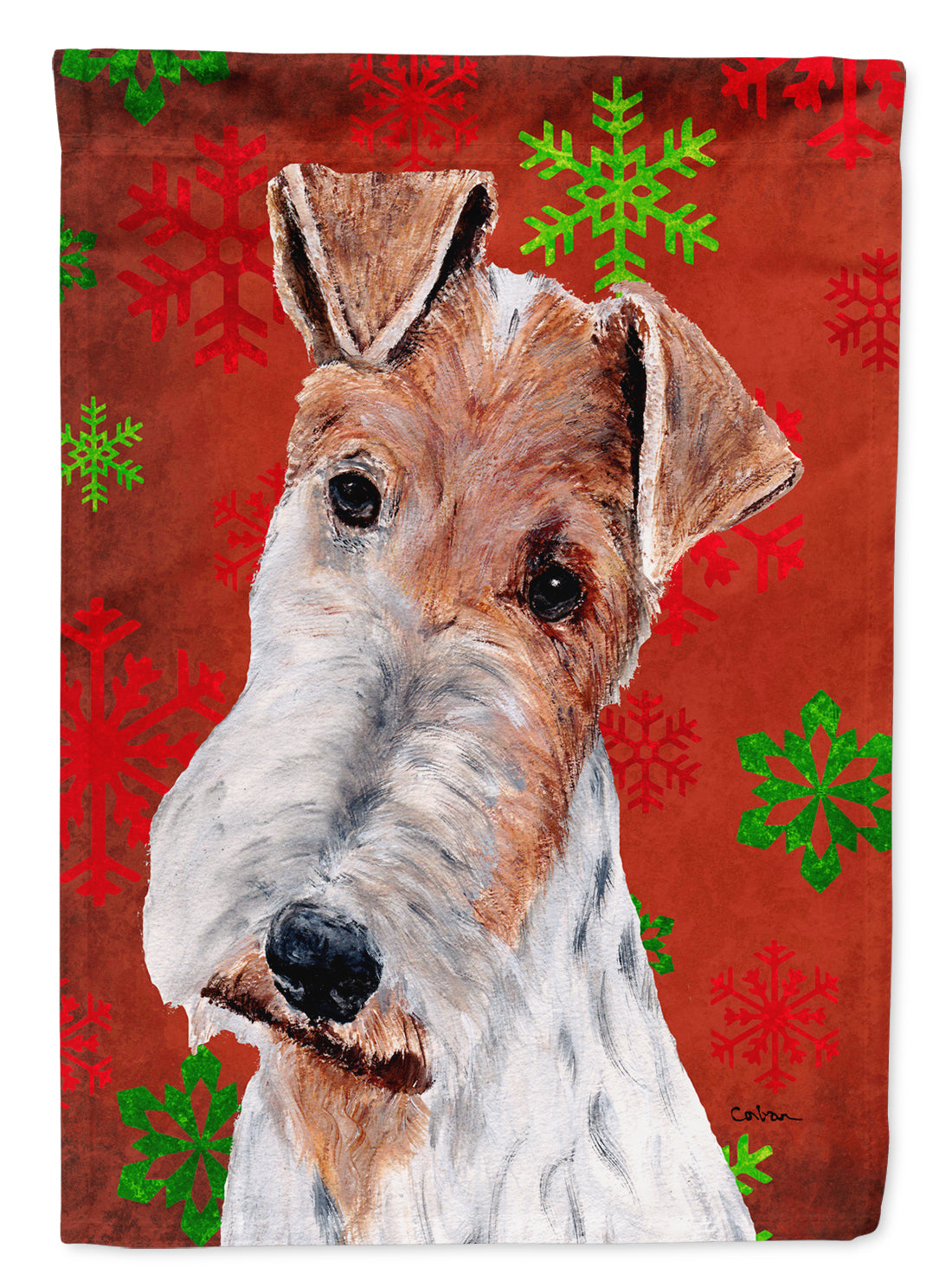 Wire Fox Terrier Red Snowflakes Holiday House Flag 28x40 Porch Sleeve Pole Decorative Outside Yard Banner Artwork Wall Hanging, Polyester
