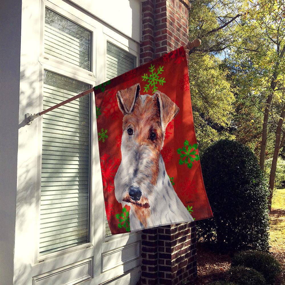Wire Fox Terrier Red Snowflakes Holiday House Flag 28x40 Porch Sleeve Pole Decorative Outside Yard Banner Artwork Wall Hanging, Polyester