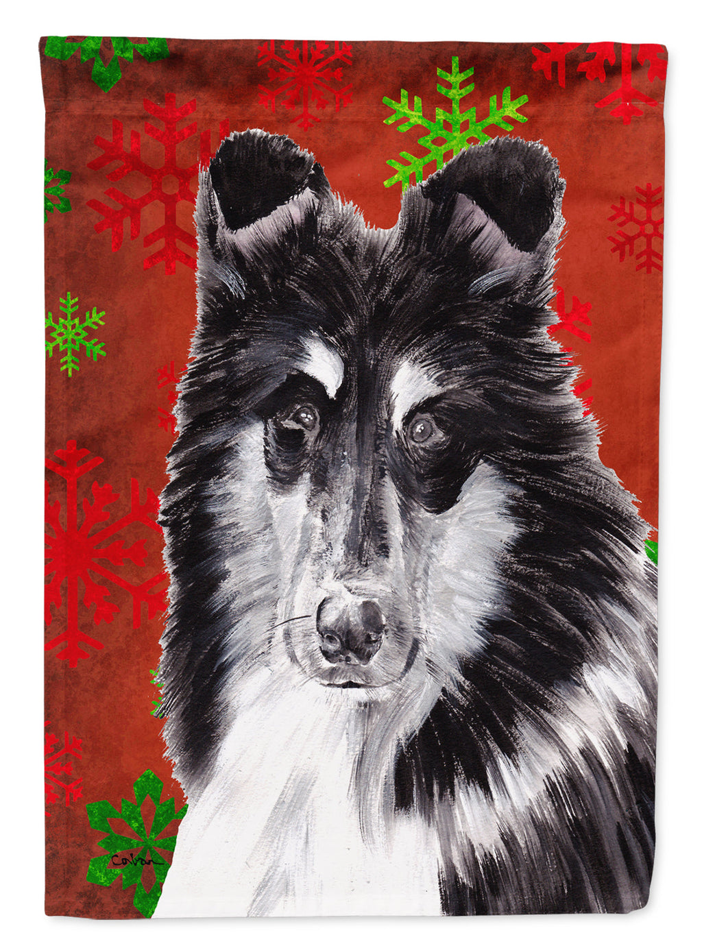 Black and White Collie Red Snowflakes Holiday House Flag 28x40 Porch Sleeve Pole Decorative Outside Yard Banner Artwork Wall Hanging, Polyester