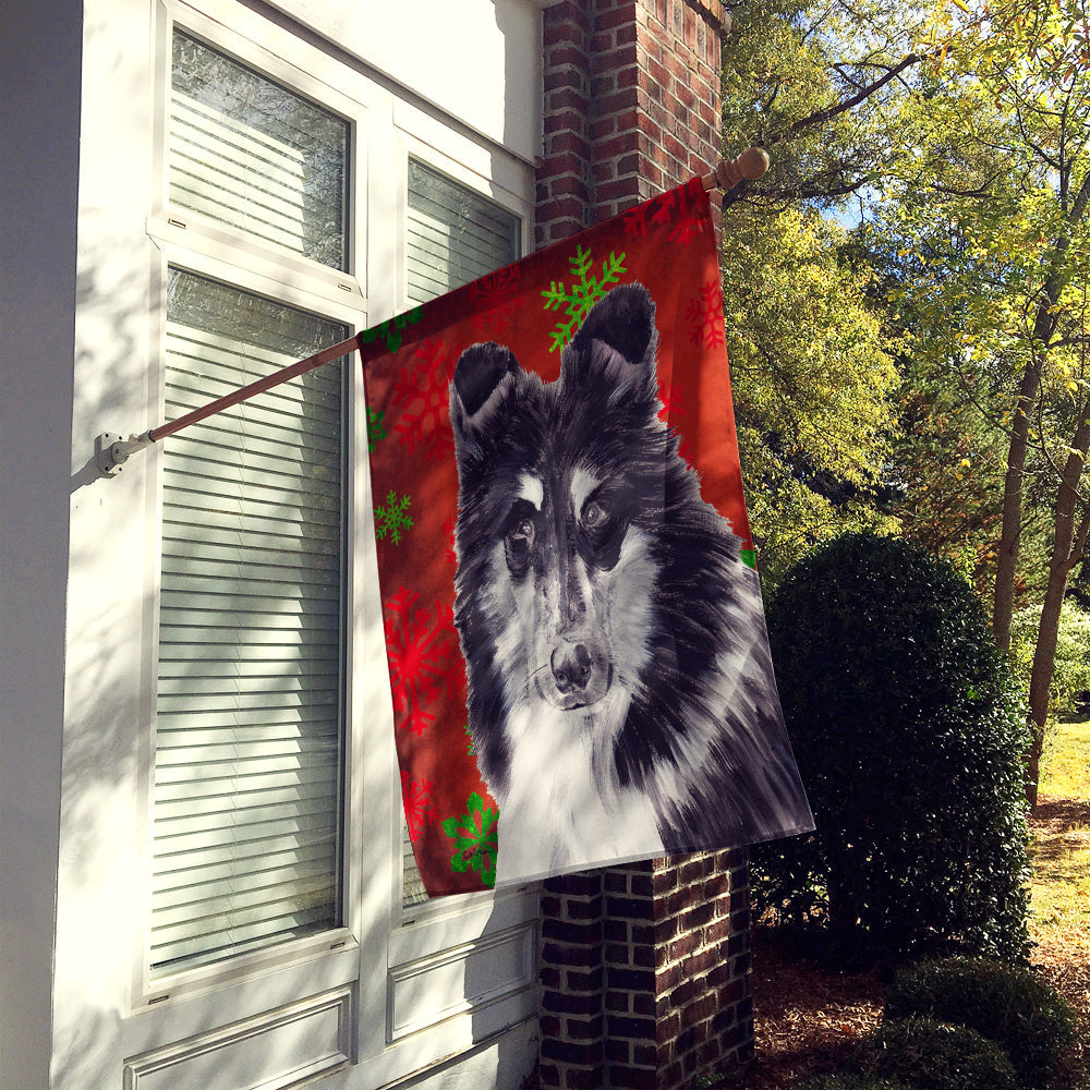 Black and White Collie Red Snowflakes Holiday House Flag 28x40 Porch Sleeve Pole Decorative Outside Yard Banner Artwork Wall Hanging, Polyester