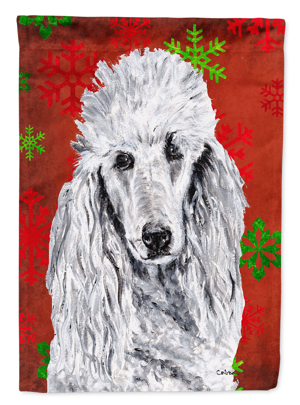White Standard Poodle Red Snowflakes Holiday House Flag 28x40 Porch Sleeve Pole Decorative Outside Yard Banner Artwork Wall Hanging, Polyester