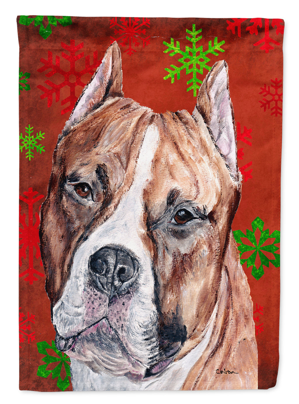 Staffordshire Bull Terrier Staffie Red Snowflakes Holiday House Flag 28x40 Porch Sleeve Pole Decorative Outside Yard Banner Artwork Wall Hanging, Polyester