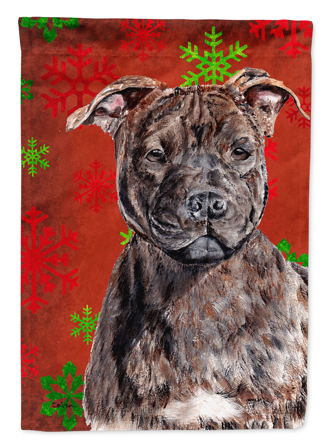 Staffordshire Bull Terrier Staffie Red Snowflakes Holiday House Flag 28x40 Porch Sleeve Pole Decorative Outside Yard Banner Artwork Wall Hanging, Polyester