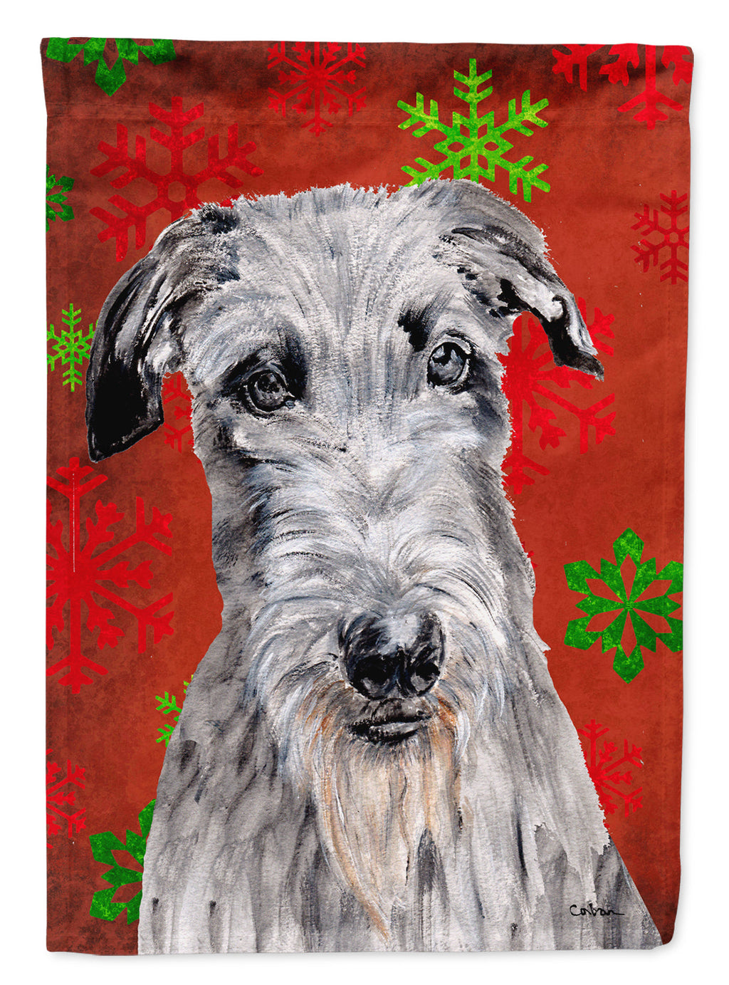 Scottish Deerhound Red Snowflakes Holiday House Flag 28x40 Porch Sleeve Pole Decorative Outside Yard Banner Artwork Wall Hanging, Polyester