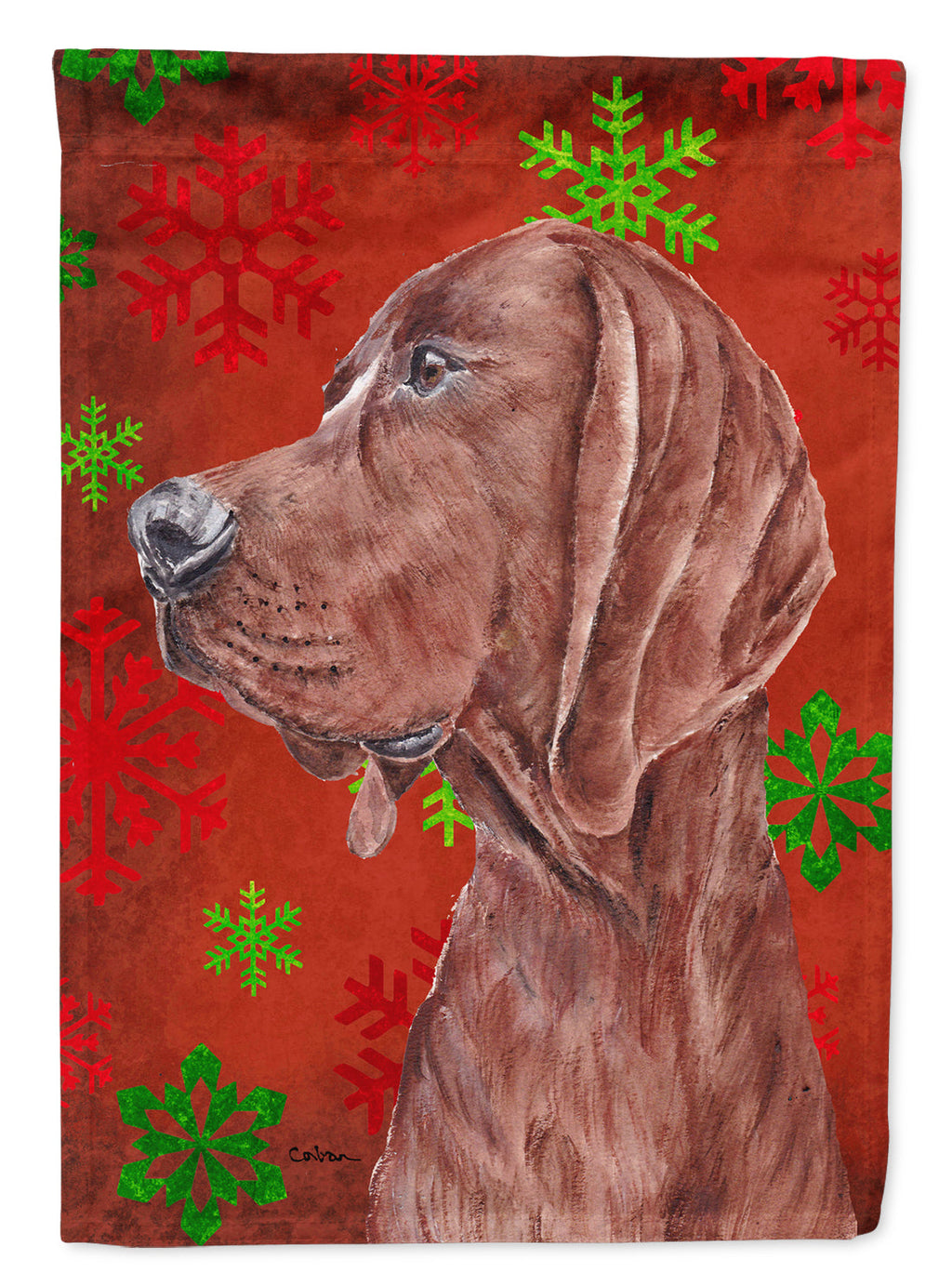 Redbone Coonhound Red Snowflakes Holiday House Flag 28x40 Porch Sleeve Pole Decorative Outside Yard Banner Artwork Wall Hanging, Polyester