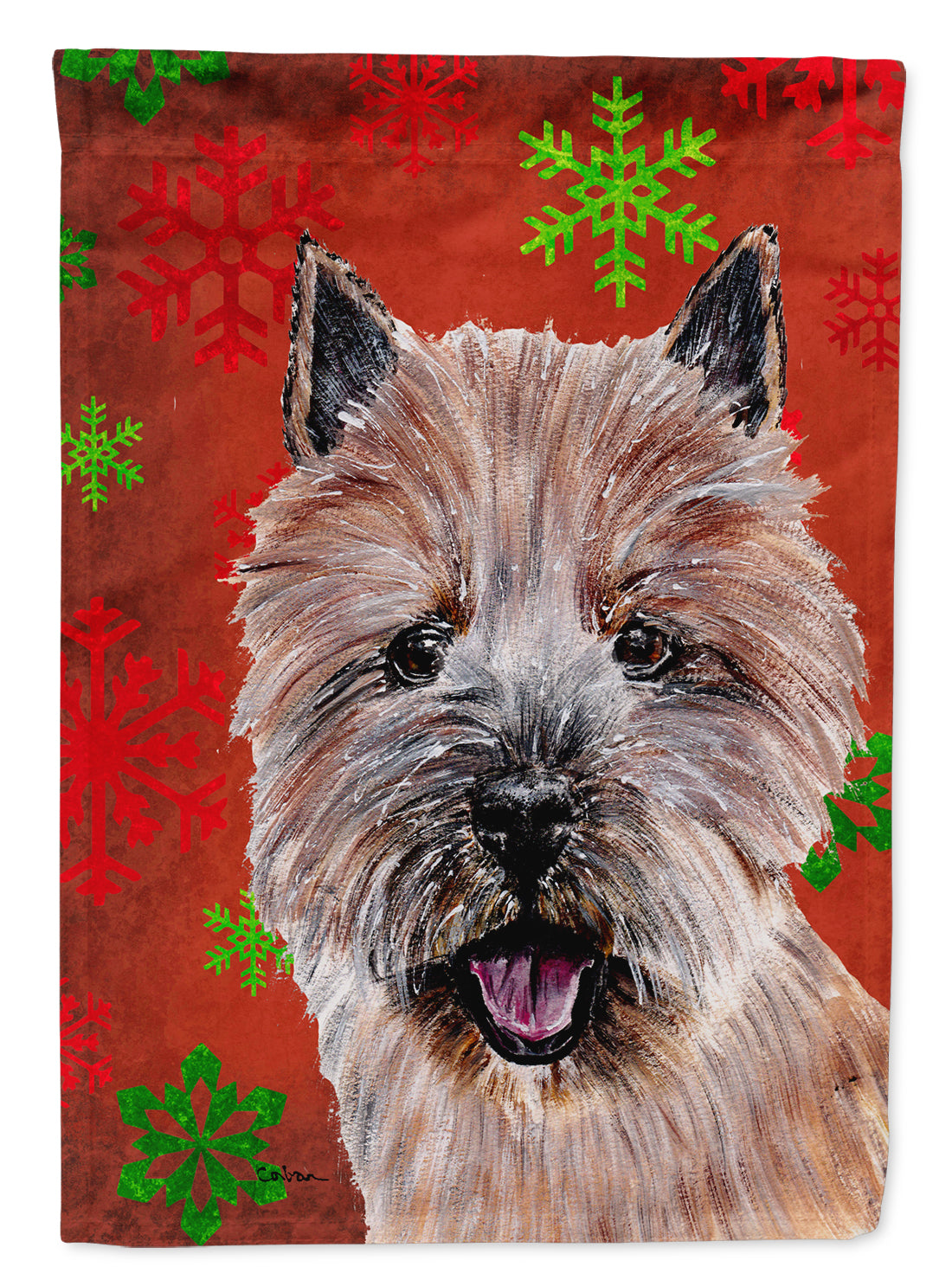 Norwich Terrier Red Snowflakes Holiday House Flag 28x40 Porch Sleeve Pole Decorative Outside Yard Banner Artwork Wall Hanging, Polyester