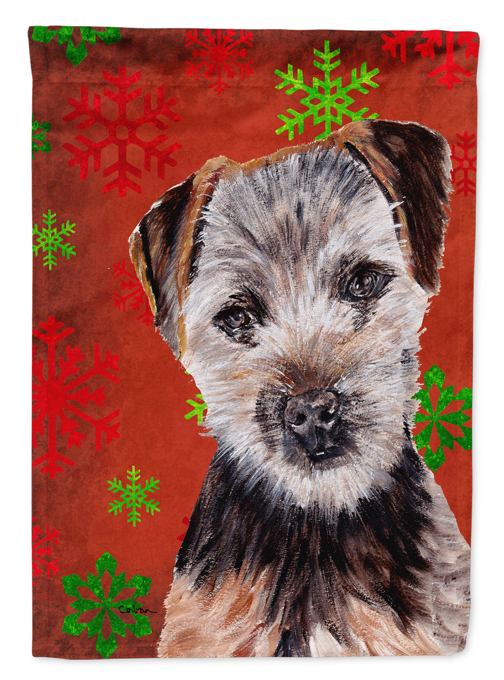 Norfolk Terrier Puppy Red Snowflakes Holiday House Flag 28x40 Porch Sleeve Pole Decorative Outside Yard Banner Artwork Wall Hanging, Polyester