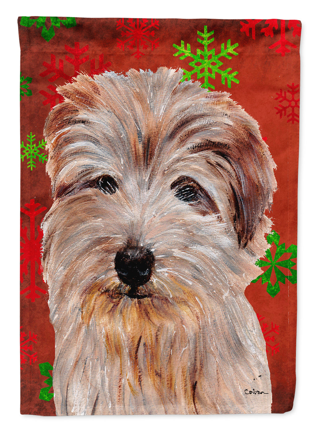 Norfolk Terrier Red Snowflakes Holiday House Flag 28x40 Porch Sleeve Pole Decorative Outside Yard Banner Artwork Wall Hanging, Polyester