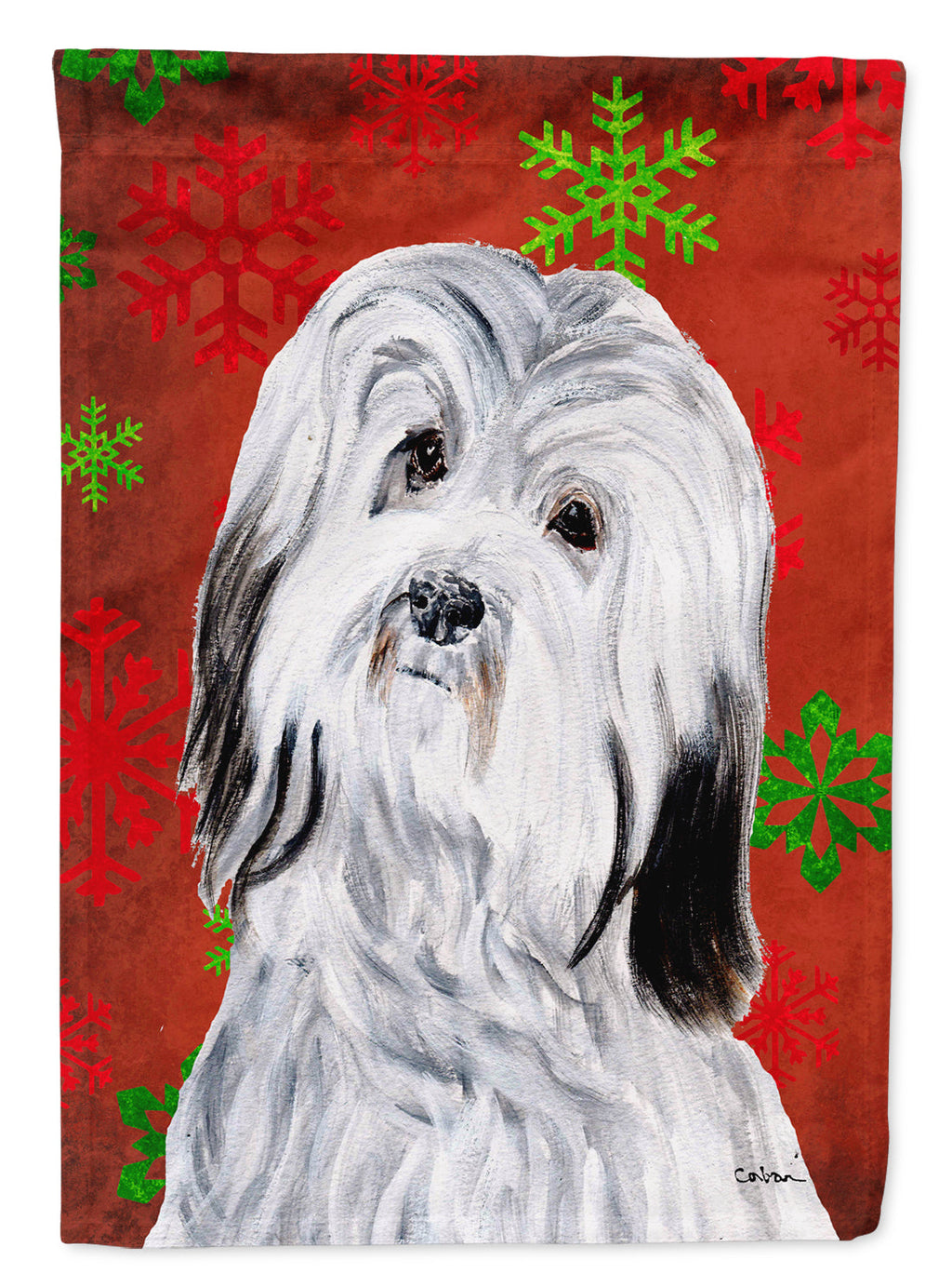 Havanese Red Snowflakes Holiday House Flag 28x40 Porch Sleeve Pole Decorative Outside Yard Banner Artwork Wall Hanging, Polyester