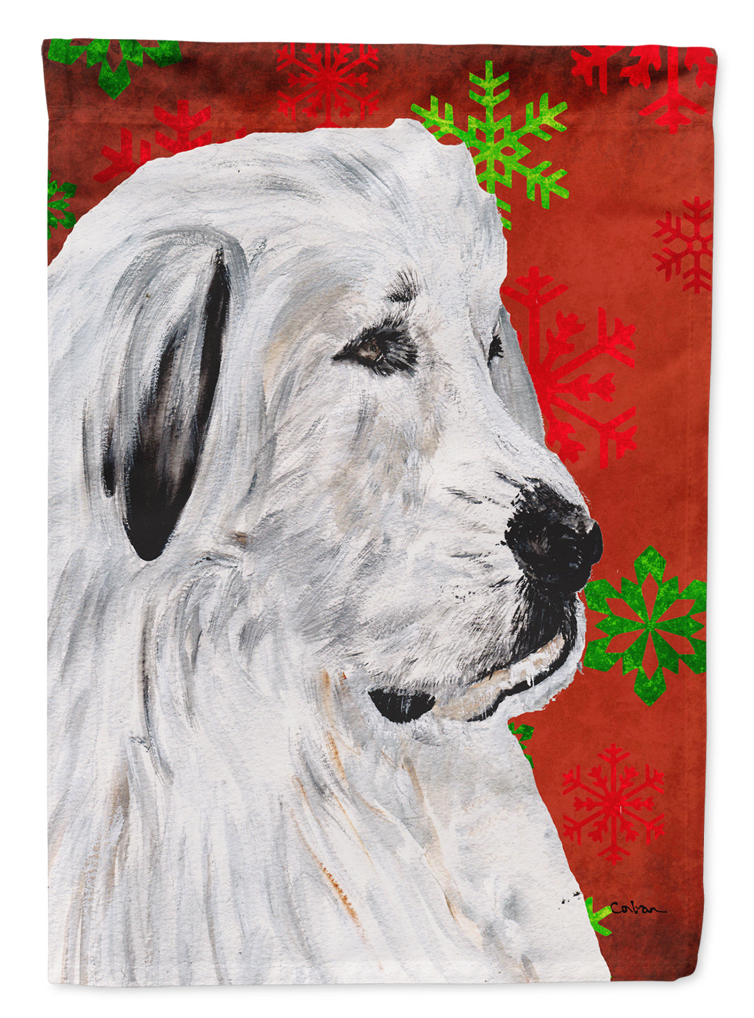 Great Pyrenees Red Snowflakes Holiday House Flag 28x40 Porch Sleeve Pole Decorative Outside Yard Banner Artwork Wall Hanging, Polyester