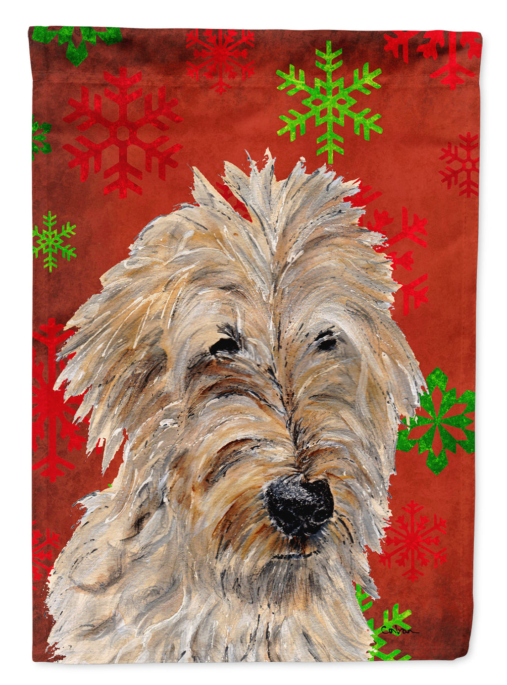 Golden Doodle 2 Red Snowflakes Holiday House Flag 28x40 Porch Sleeve Pole Decorative Outside Yard Banner Artwork Wall Hanging, Polyester