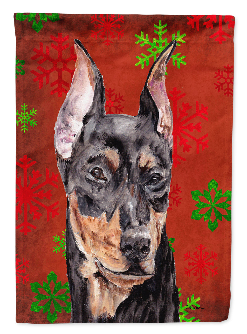 German Pinscher Red Snowflakes Holiday House Flag 28x40 Porch Sleeve Pole Decorative Outside Yard Banner Artwork Wall Hanging, Polyester