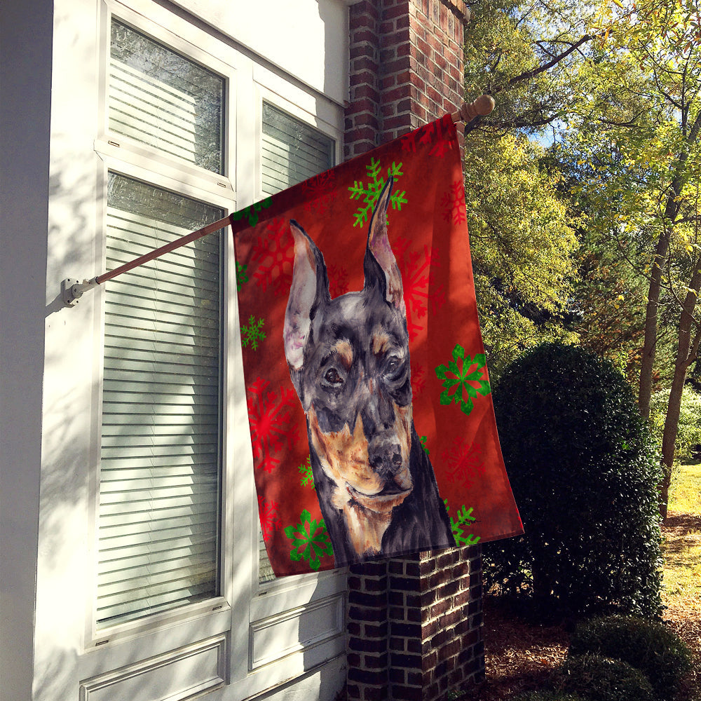 German Pinscher Red Snowflakes Holiday House Flag 28x40 Porch Sleeve Pole Decorative Outside Yard Banner Artwork Wall Hanging, Polyester